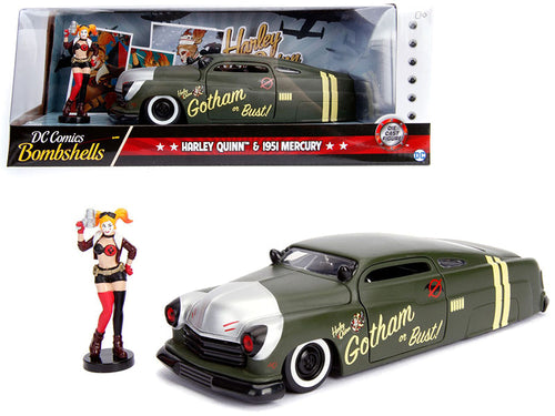Load image into Gallery viewer, 1951 Mercury Matt Green with Harley Quinn Diecast Figurine "DC Comics Bombshells" Series 1/24 Diecast Model Car by Jada
