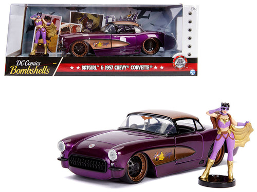 Load image into Gallery viewer, 1957 Chevrolet Corvette Purple with Batgirl Diecast Figurine "DC Comics Bombshells" Series 1/24 Diecast Model Car by Jada
