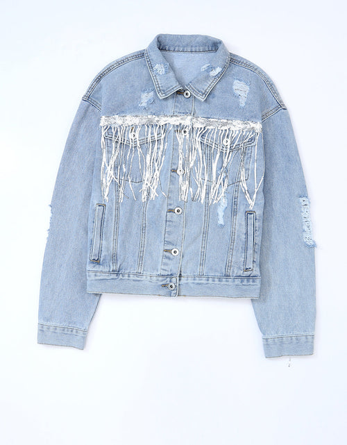 Load image into Gallery viewer, Sequin Fringe Trim Distressed Button Up Denim Jacket
