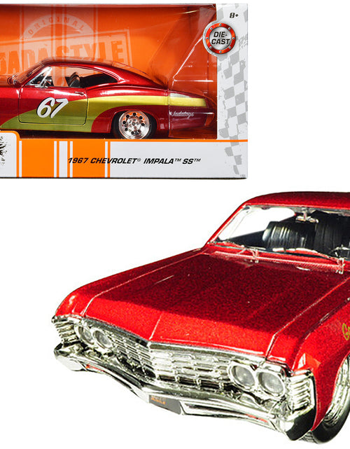 Load image into Gallery viewer, 1967 Chevrolet Impala SS #67 "Golden Ruby" Red with Gold Stripes "Bigtime Muscle" 1/24 Diecast Model Car by Jada
