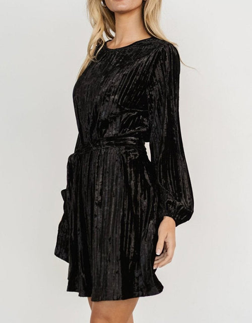 Load image into Gallery viewer, Velvet Round Neck Tie Waist Long Sleeve Mini Dress
