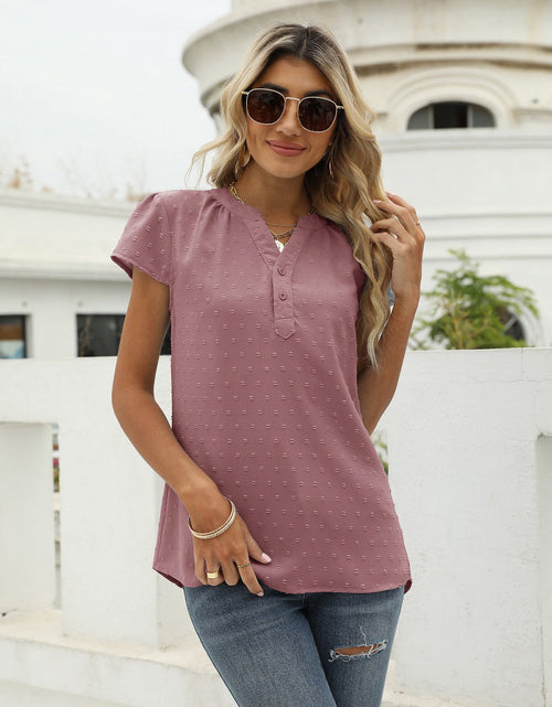 Load image into Gallery viewer, Swiss Dot Notched Neck Short Sleeve Top
