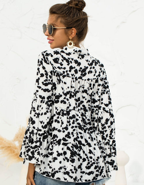 Load image into Gallery viewer, Printed Flare Sleeve Tie Neck Ruffle Trim Blouse
