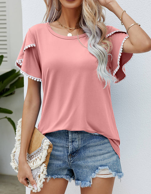 Load image into Gallery viewer, Pom-Pom Trim Flutter Sleeve Round Neck Tee
