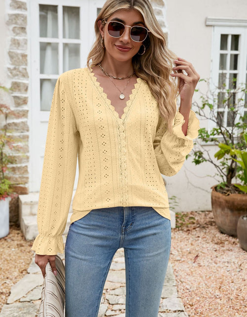 Load image into Gallery viewer, Eyelet Lace Trim Flounce Sleeve Blouse
