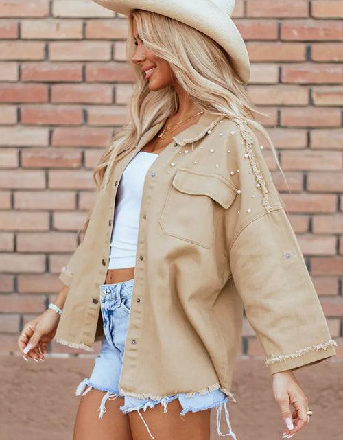 Load image into Gallery viewer, Raw Hem Pearl Trim Dropped Shoulder Denim Jacket
