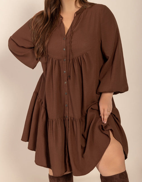 Load image into Gallery viewer, Plus Size Tie Neck Balloon Sleeve Tiered Dress
