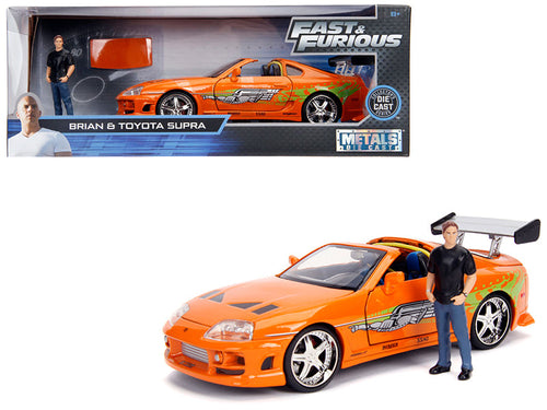 Load image into Gallery viewer, Toyota Supra Orange Metallic with Brian Diecast Figurine "Fast &amp; Furious" Movie 1/24 Diecast Model Car by Jada
