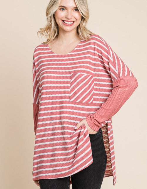 Load image into Gallery viewer, Culture Code Oversize Striped Round Neck Long Sleeve Slit T-Shirt

