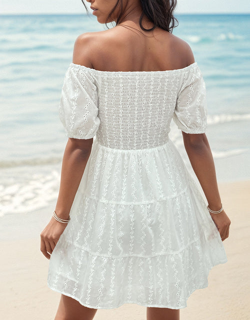 Load image into Gallery viewer, Perfee Smocked Eyelet Off-Shoulder Mini Dress

