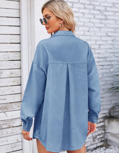 Load image into Gallery viewer, Pocketed Snap Down Dropped Shoulder Denim Shacket
