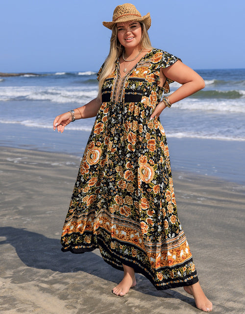 Load image into Gallery viewer, Plus Size Printed V-Neck Ruffle Cap Sleeve Maxi Dress
