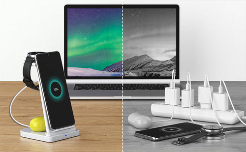 Load image into Gallery viewer, 3-in-1 Fast Wireless Charging Stand for Phones, Apple Watch &amp; AirPods by Infinite Basics
