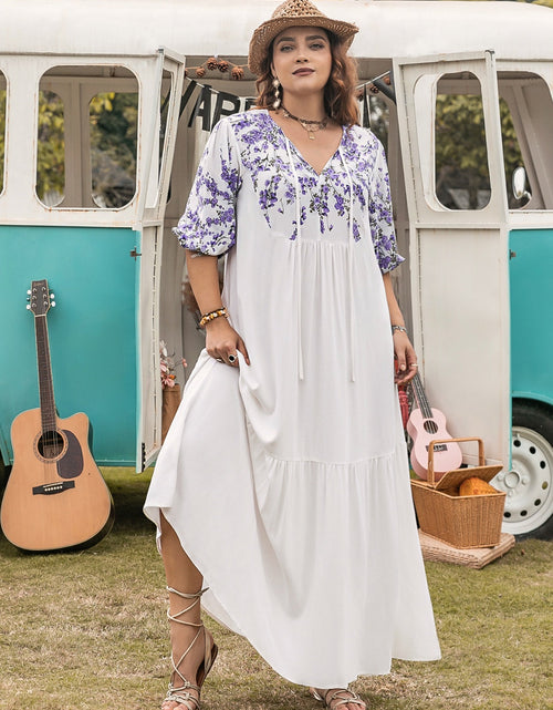 Load image into Gallery viewer, Plus Size Printed Tie Neck Half Sleeve Maxi Dress
