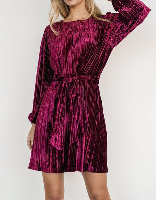 Load image into Gallery viewer, Velvet Round Neck Tie Waist Long Sleeve Mini Dress
