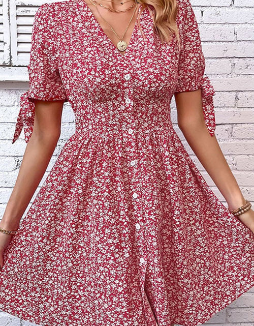 Load image into Gallery viewer, Perfee Ditsy Floral Tied Puff Sleeve Button Front Dress
