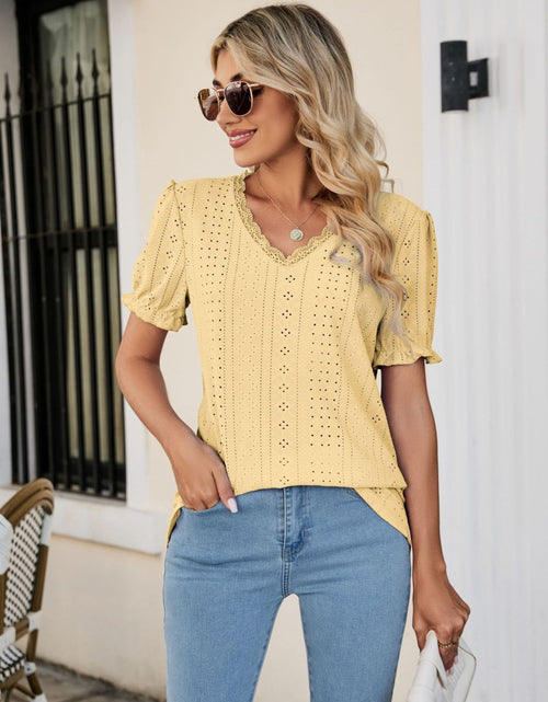 Load image into Gallery viewer, Eyelet Flounce Sleeve Scalloped V-Neck Top
