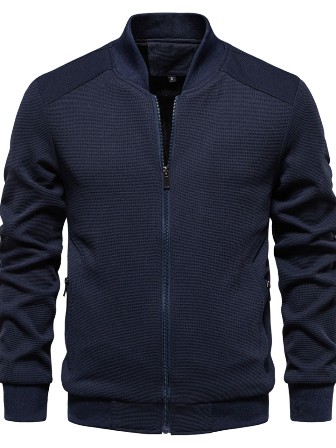Men's Waffle Knit Baseball Collar Zip Up Jacket