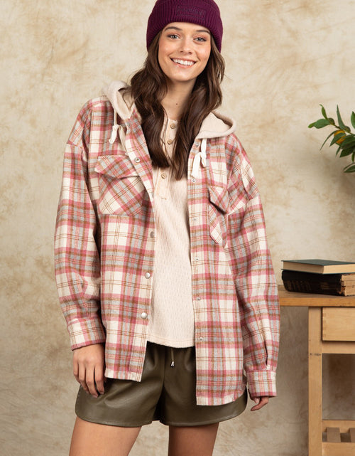 Load image into Gallery viewer, Drawstring Plaid Long Sleeve Hooded Jacket
