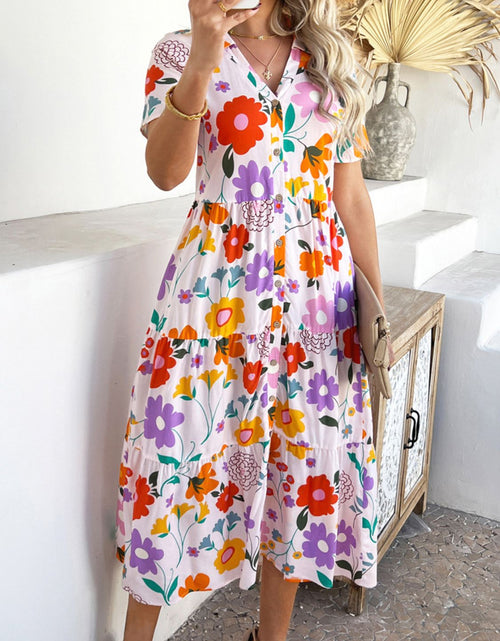 Load image into Gallery viewer, Devine Printed Johnny Collar Button Down Short Sleeve Midi Shirt Dress

