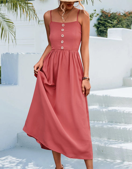 Load image into Gallery viewer, Decorative Button Spaghetti Strap Midi Dress
