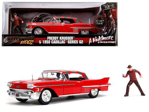 Load image into Gallery viewer, 1958 Cadillac Series 62 Red with Freddy Krueger Diecast Figurine "A Nightmare on Elm Street" Movie 1/24 Diecast Model Car by Jada
