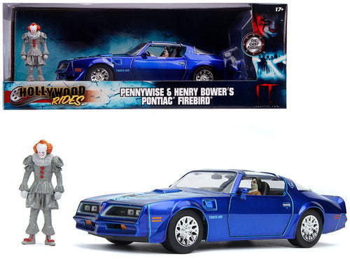 Load image into Gallery viewer, Henry Bower's Pontiac Firebird Trans Am Candy Blue with Pennywise Diecast Figurine "It Chapter Two" (2019) Movie 1/24 Diecast Model Car by Jada
