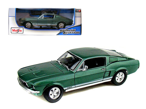 Load image into Gallery viewer, 1967 Ford Mustang GTA Fastback Green Metallic with White Stripes 1/18 Diecast Model Car by Maisto
