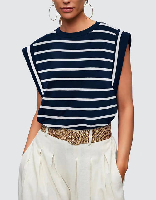 Load image into Gallery viewer, Striped Round Neck Cap Sleeve T-Shirt
