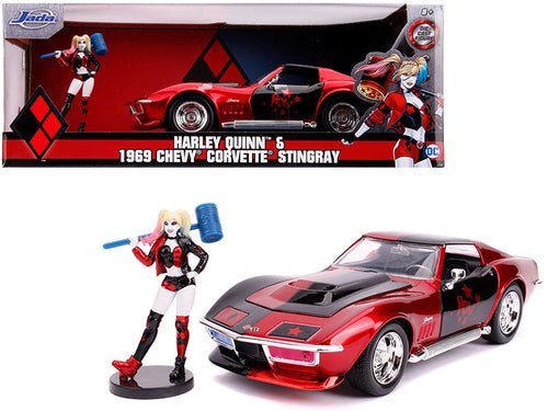 Load image into Gallery viewer, 1969 Chevrolet Corvette Stingray with Harley Quinn Diecast Figurine "DC Comics" Series 1/24 Diecast Model Car by Jada
