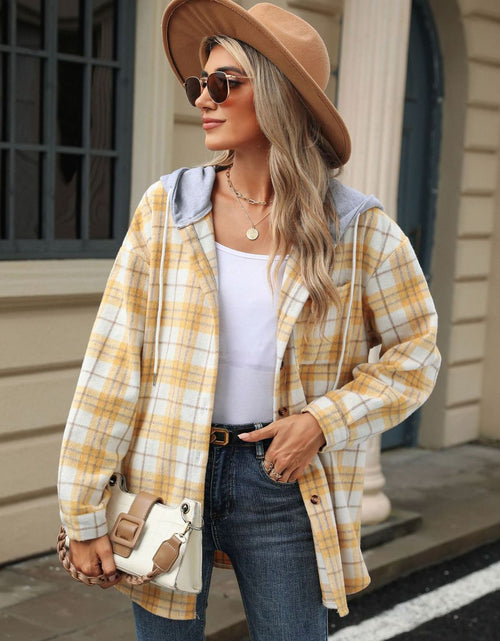 Load image into Gallery viewer, Drawstring Plaid Button Up Hooded Jacket
