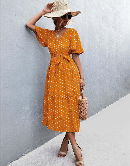 Load image into Gallery viewer, Printed V-Neck Flutter Sleeve Belted Dress
