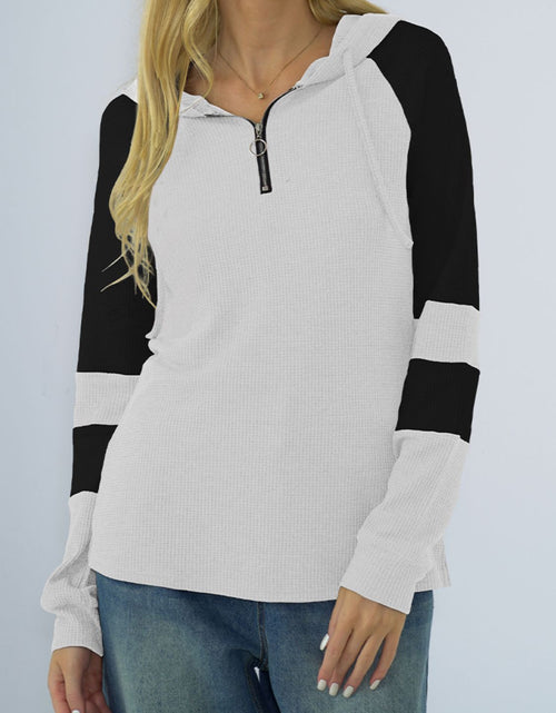 Load image into Gallery viewer, Shiny Waffle-Knit Raglan Sleeve Zipper Front Hoody
