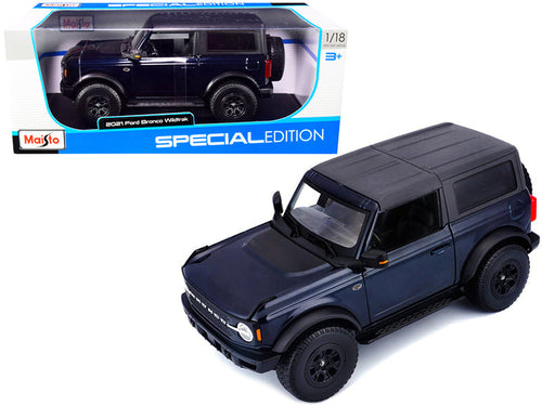 Load image into Gallery viewer, 2021 Ford Bronco Wildtrak Dark Blue Metallic with Dark Gray Top "Special Edition" 1/18 Diecast Model Car by Maisto
