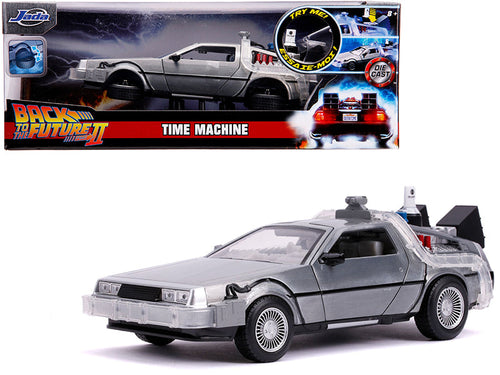 Load image into Gallery viewer, DeLorean Brushed Metal Time Machine with Lights (Flying Version) "Back to the Future Part II" (1989) Movie "Hollywood Rides" Series 1/24 Diecast Model Car by Jada
