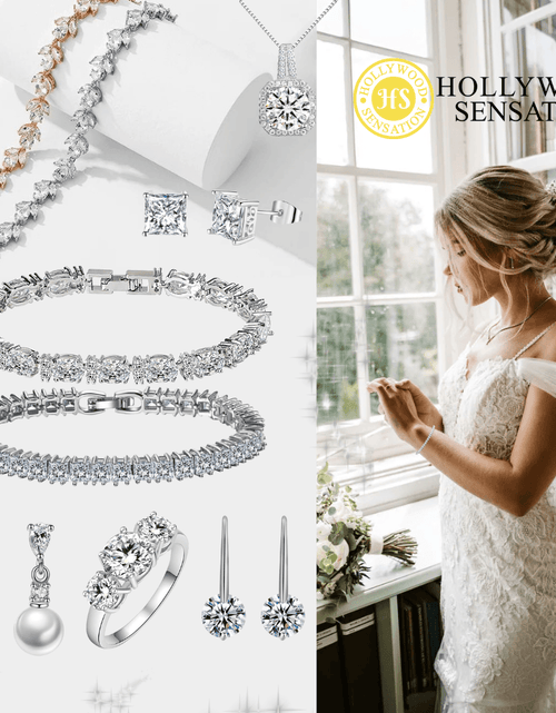 Load image into Gallery viewer, White Gold Cubic Zirconia Necklace Set with Cubic Zirconia Halo Earring Settings by Hollywood Sensation®
