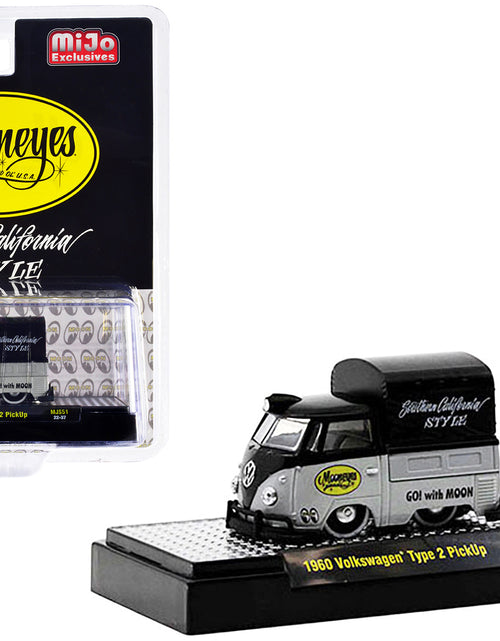 Load image into Gallery viewer, 1960 Volkswagen Type 2 Pickup Truck with Canvas Cover "Mooneyes Southern California Style" Black and Gray Limited Edition to 6050 pieces Worldwide 1/64 Diecast Model Car by M2 Machines
