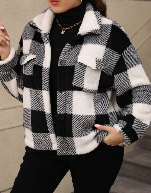 Load image into Gallery viewer, Plus Size Pocketed Plaid Collared Neck Jacket
