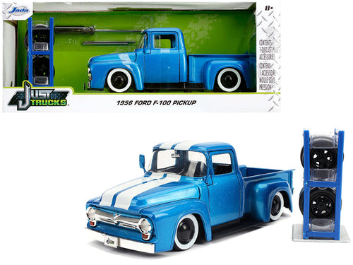 Load image into Gallery viewer, 1956 Ford F-100 Pickup Truck Blue Metallic with White Stripes and Extra Wheels "Just Trucks" Series 1/24 Diecast Model Car by Jada
