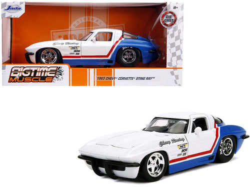 Load image into Gallery viewer, 1963 Chevrolet Corvette Stingray White and Blue with Red Stripe "Chevy Racing" "Bigtime Muscle" 1/24 Diecast Model Car by Jada
