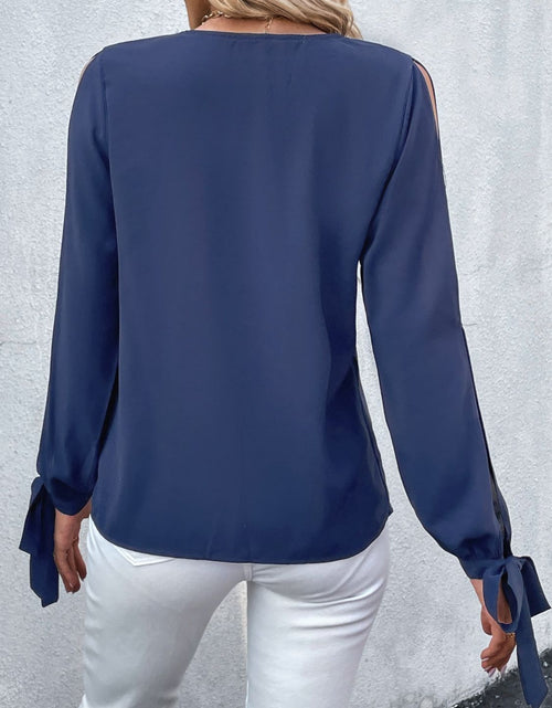 Load image into Gallery viewer, Perfee V-Neck Tie Cuff Slit Blouse
