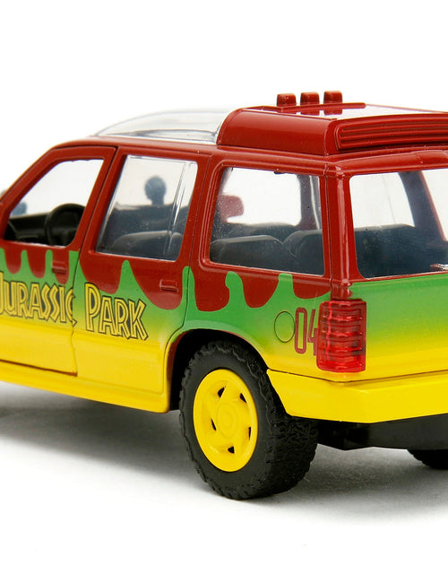 Load image into Gallery viewer, Ford Explorer Red and Yellow with Green Graphics "Jurassic Park" (1993) Movie 30th Anniversary "Hollywood Rides" Series 1/32 Diecast Model Car by Jada
