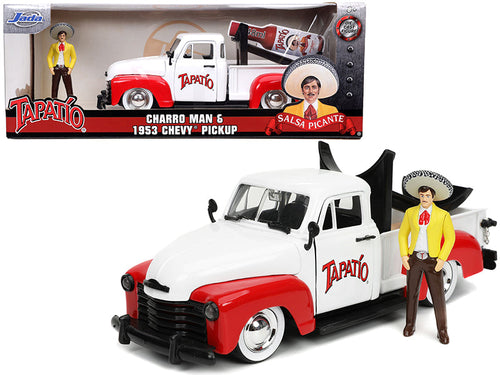 Load image into Gallery viewer, 1953 Chevrolet Pickup Truck White and Red with Charro Man Diecast Figurine "Tapatio" 1/24 Diecast Model Car by Jada
