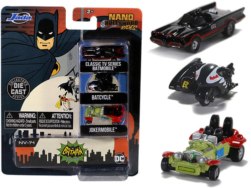 Load image into Gallery viewer, "Batman" (1966-1968) Classic TV Series 3 piece Set "Nano Hollywood Rides" Diecast Models by Jada
