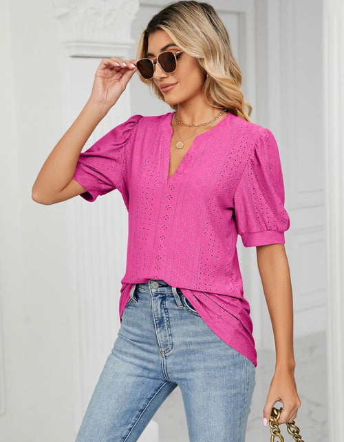 Load image into Gallery viewer, Florira Eyelet Notched Short Sleeve T-Shirt
