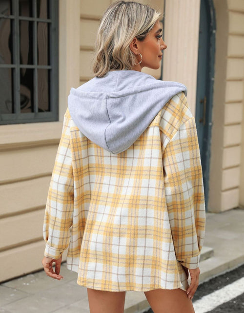 Load image into Gallery viewer, Drawstring Plaid Button Up Hooded Jacket
