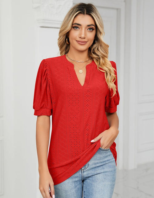 Load image into Gallery viewer, Florira Eyelet Notched Short Sleeve T-Shirt
