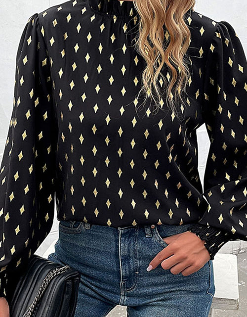 Load image into Gallery viewer, Perfee Geometric Print Frill Neck Lantern Sleeve Blouse
