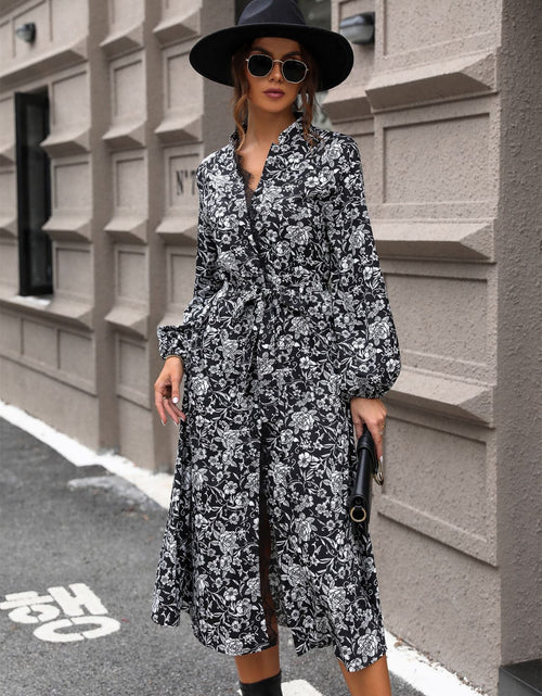 Load image into Gallery viewer, Perfee Lace Detail Printed Long Sleeve Midi Dress
