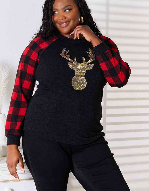 Load image into Gallery viewer, Heimish Full Size Sequin Reindeer Graphic Plaid Top
